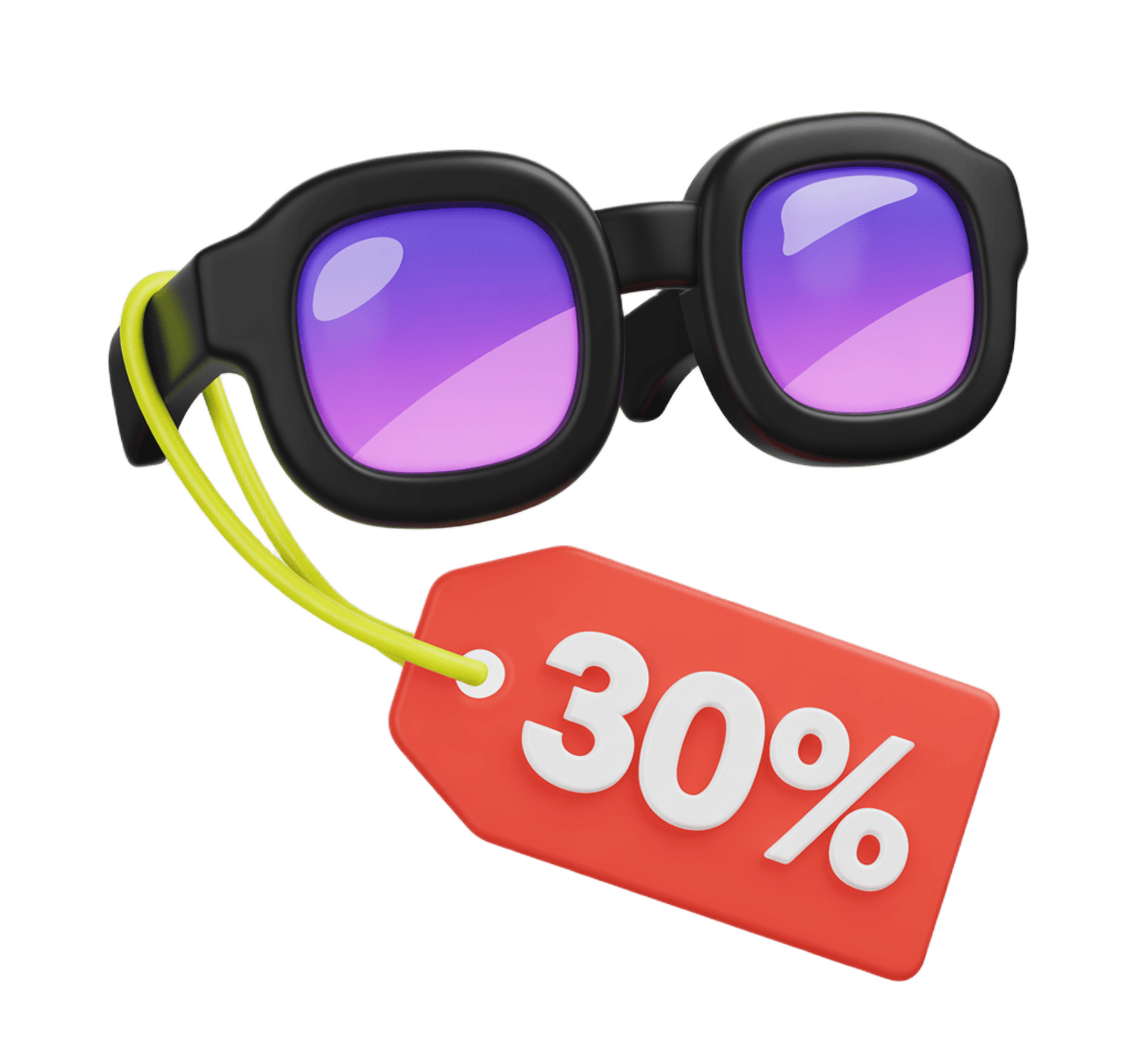 3d clipart glasses with yellow strap showing thirty percent discount sale tag for online store promotions PNG - transparent background