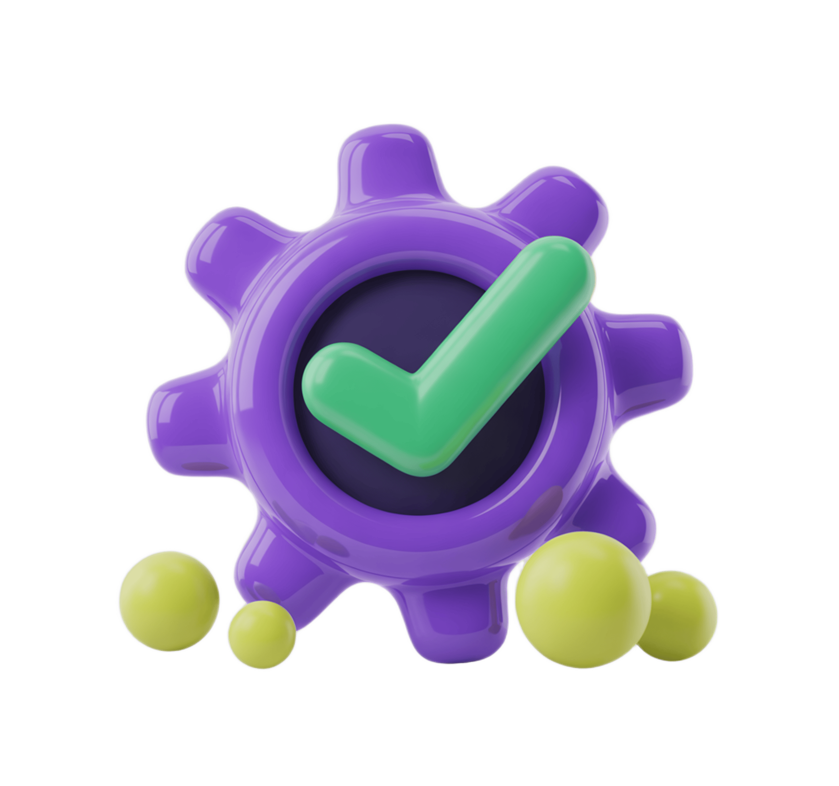 3d gear icon with green checkmark symbol for success approval confirmation and validation PNG - transparent background
