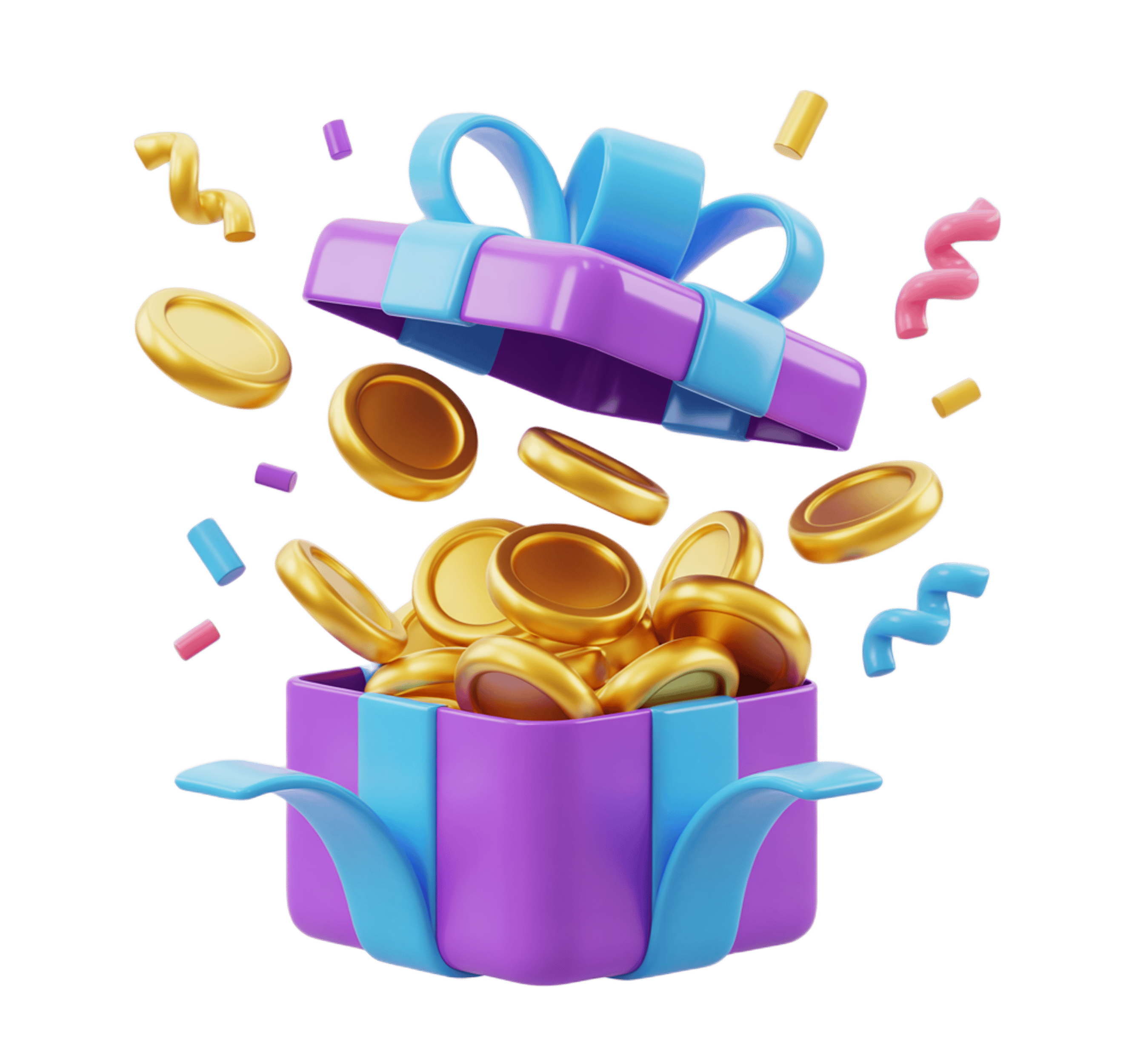 3d gift box overflowing with golden coins celebration illustration clipart PNG - transparent background