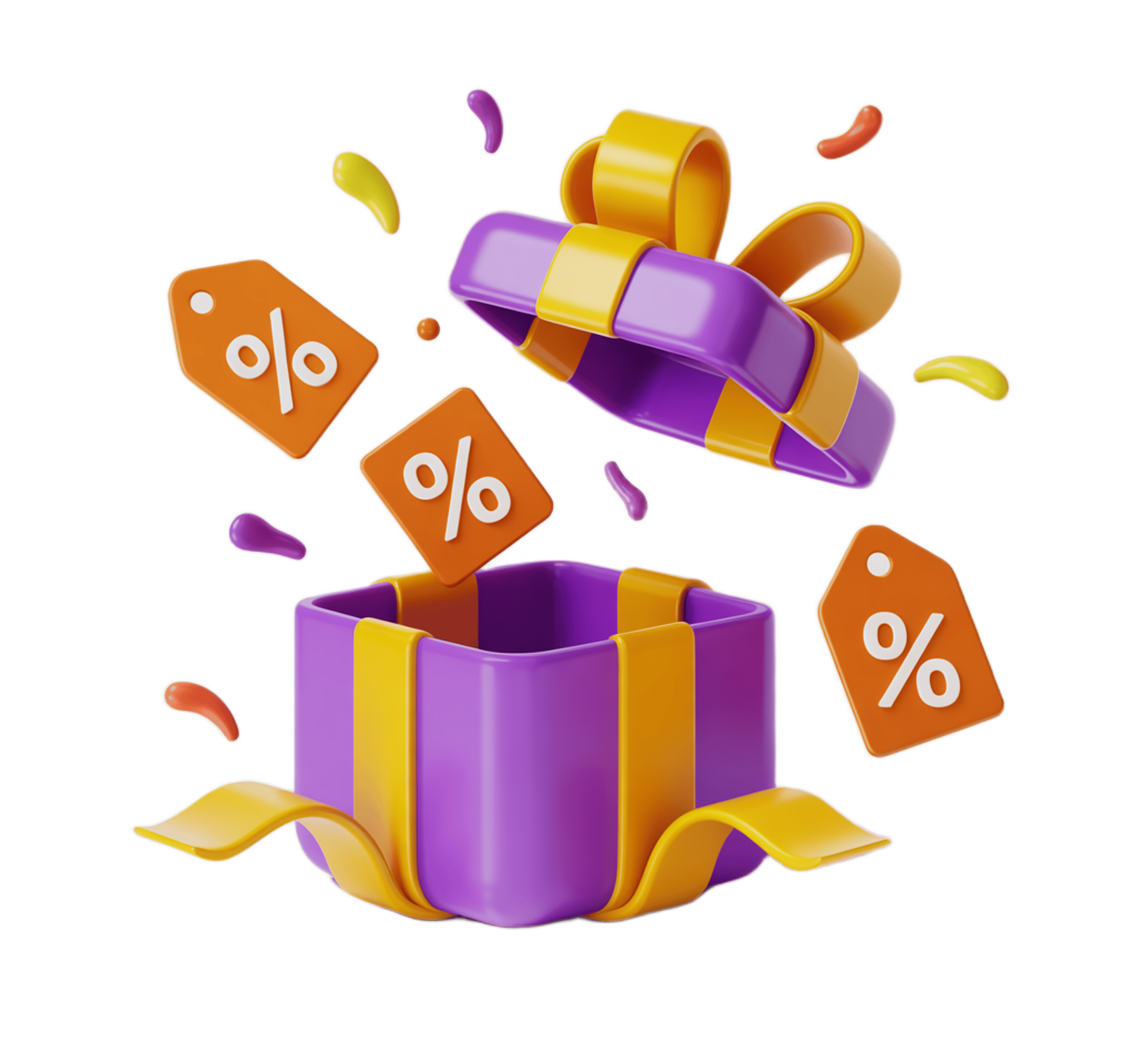 3d gift box with discount sale tags popping out for online shopping deals and promotions PNG - transparent background