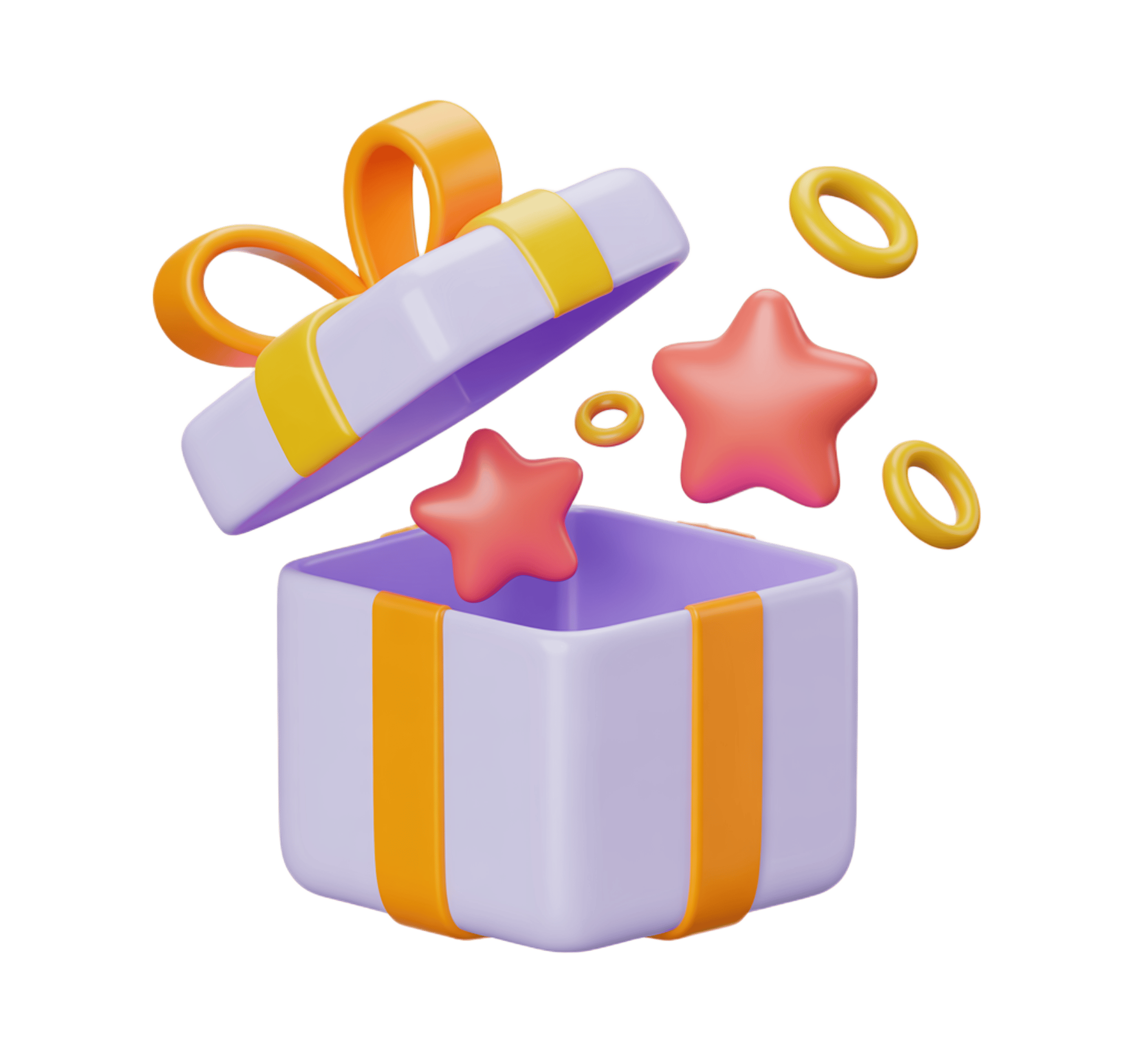 3d gift box with stars and ribbons opening animation for holiday presents celebration PNG - transparent background