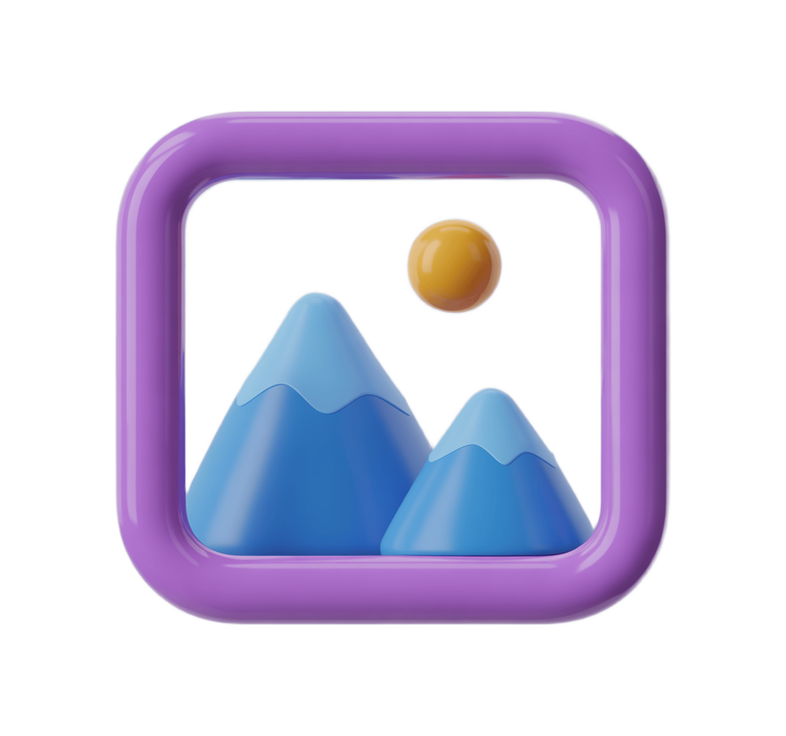 3d purple frame clipart with mountain landscape and yellow sun for graphic design projects PNG - transparent background