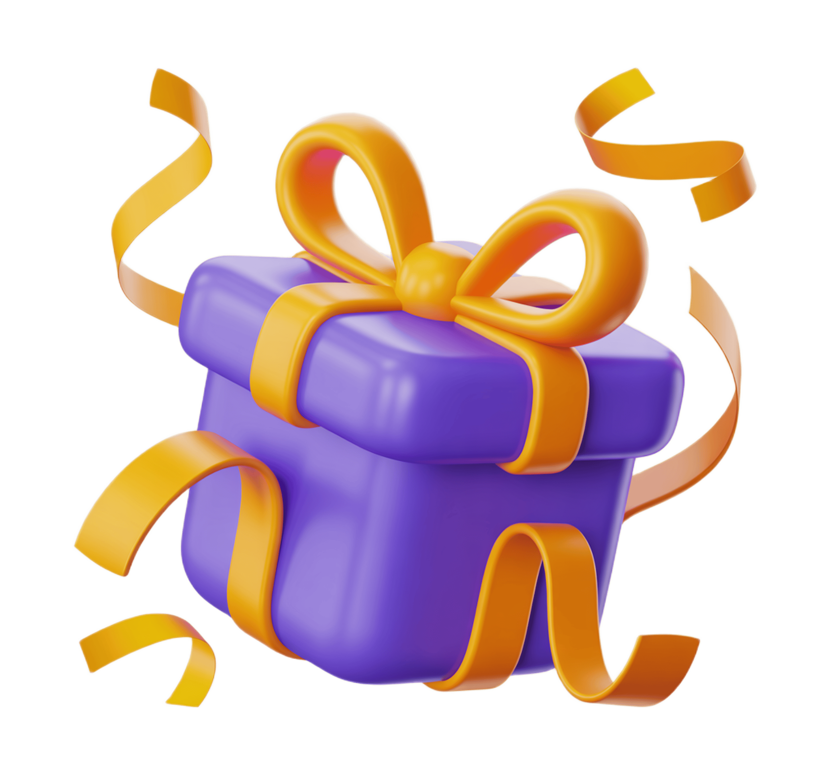 3d purple gift box with orange ribbon and bow for holiday celebration presentation PNG - transparent background
