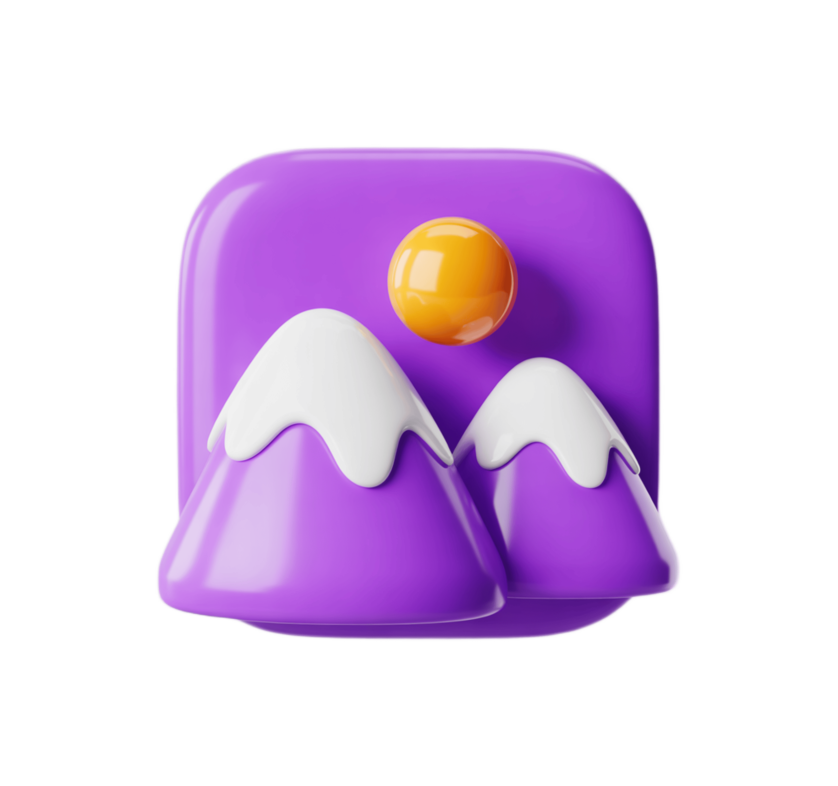 3d purple mountain icon with orange sun for app design and website graphics PNG - transparent background