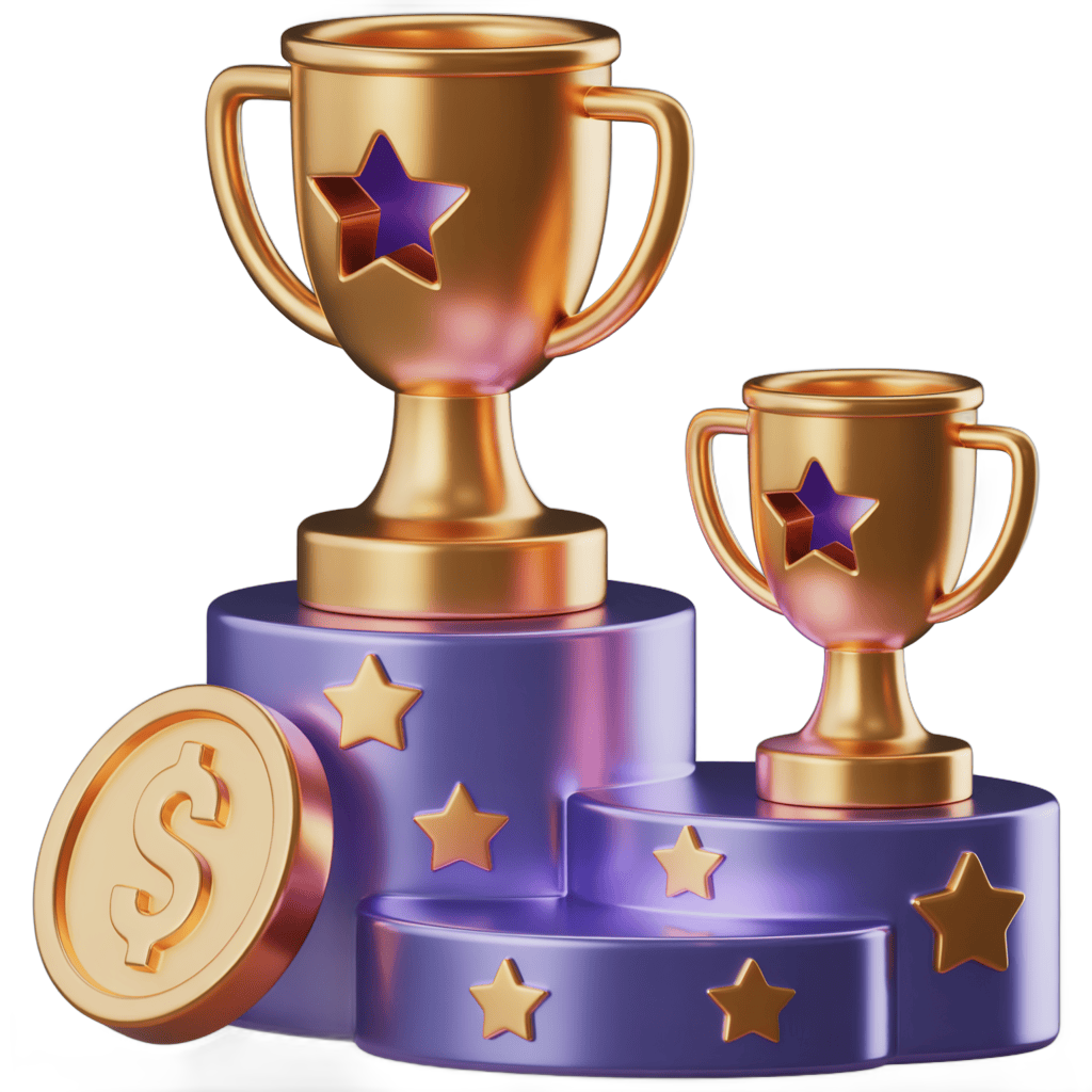 3d trophy and money coin clipart graphic for success achievement awards presentation PNG - transparent background