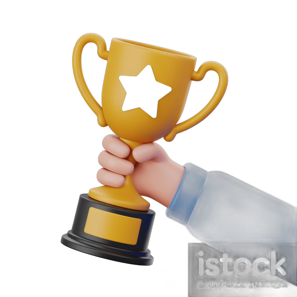 3d trophy cup with star design held by hand for achievement award celebration graphics PNG - transparent background