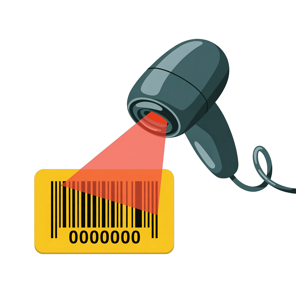 Barcode scanner reading product label with transparent background for retail and inventory management PNG - transparent background