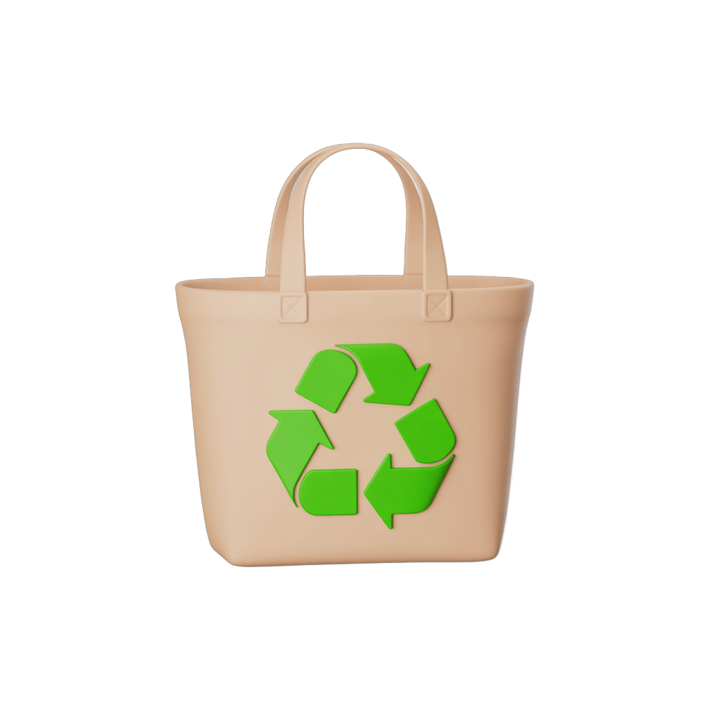Beige tote bag with green recycling symbol isolated clipart for eco friendly marketing designs PNG - transparent background