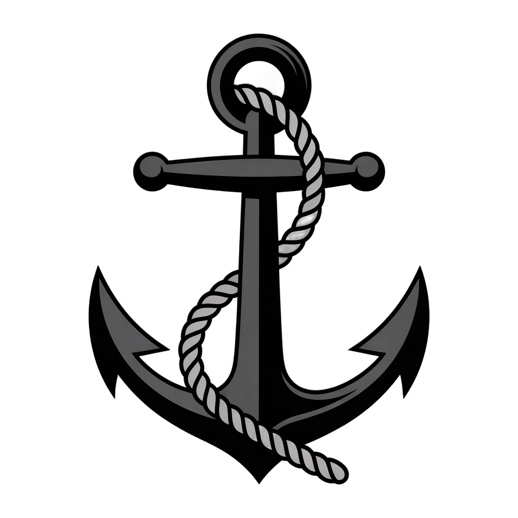 Black and white nautical anchor clipart isolated on transparent background for maritime logos and branding PNG - transparent background