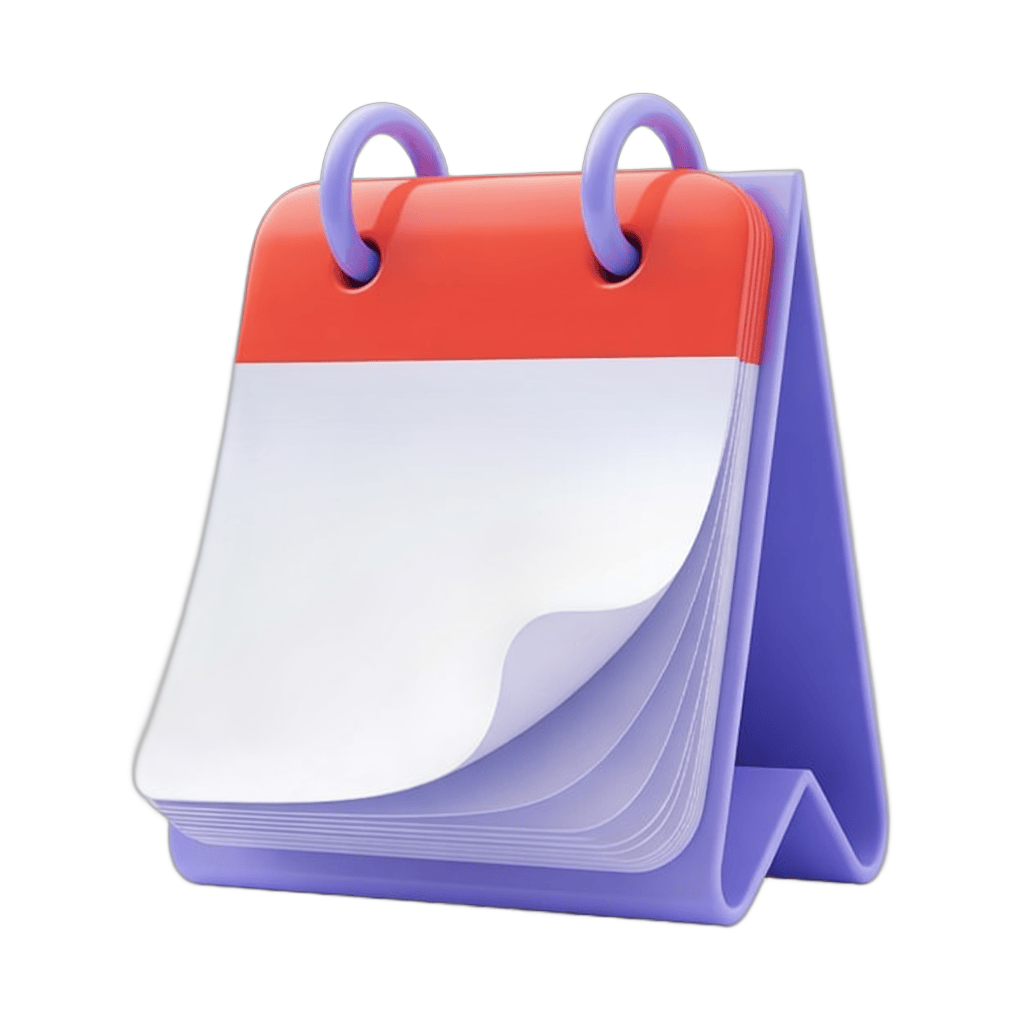 Blank tear off calendar pages with purple base and red header for planning and scheduling PNG - transparent background