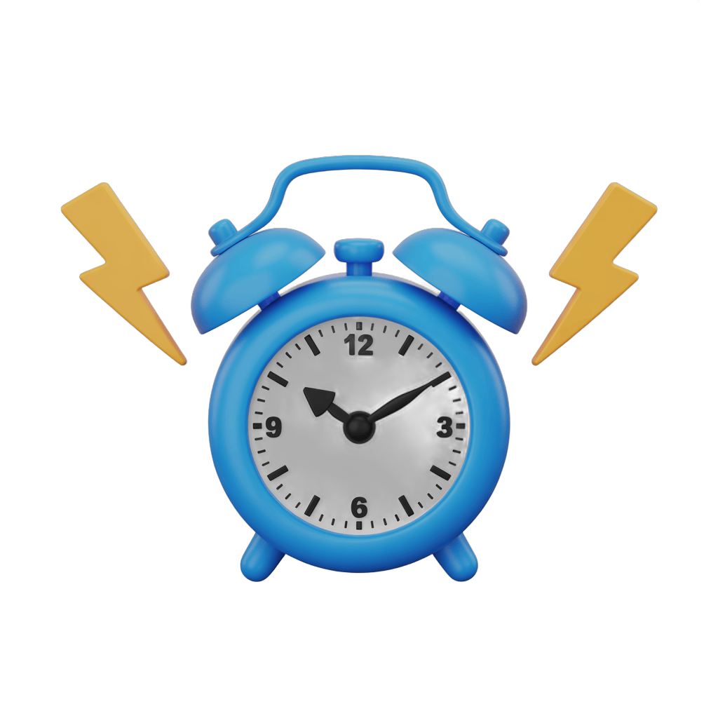 Blue alarm clock with lightning bolts graphic element for urgency and time management designs PNG - transparent background