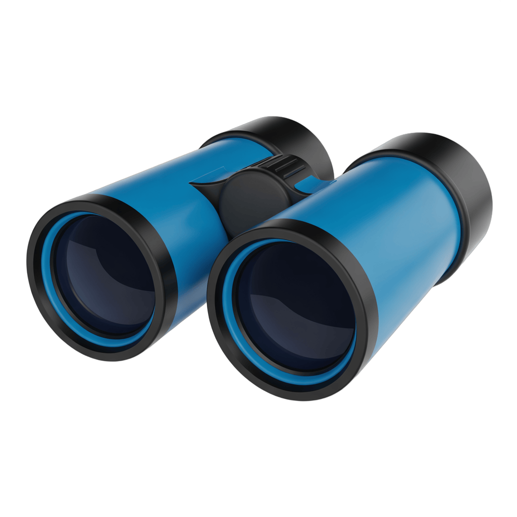 Blue binoculars clipart graphic for outdoor adventure and travel marketing designs PNG - transparent background