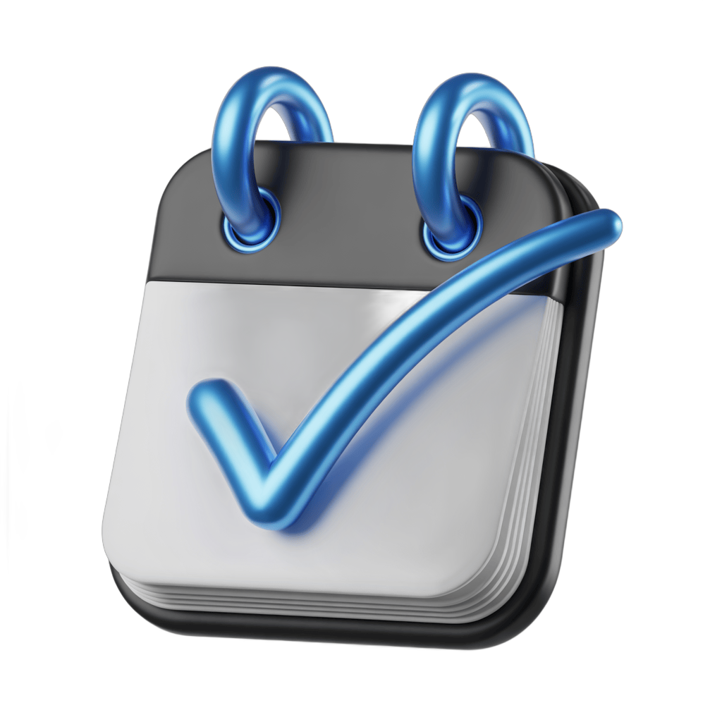 Blue checkmark clipart on spiral bound calendar page for task completion confirmation PNG - transparent background