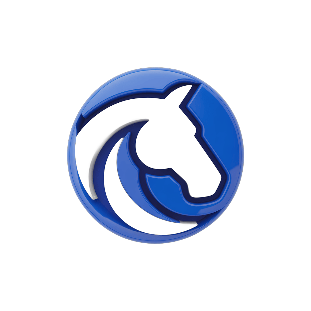 Blue horse head logo graphic with dynamic arrow design for corporate branding and sports marketing PNG - transparent background