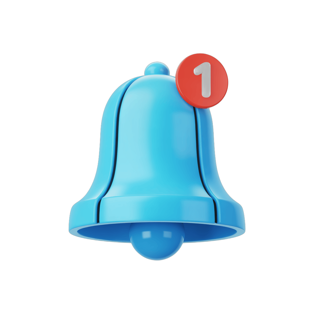 Blue notification bell icon with number one badge for alerts and priority messages PNG - transparent background