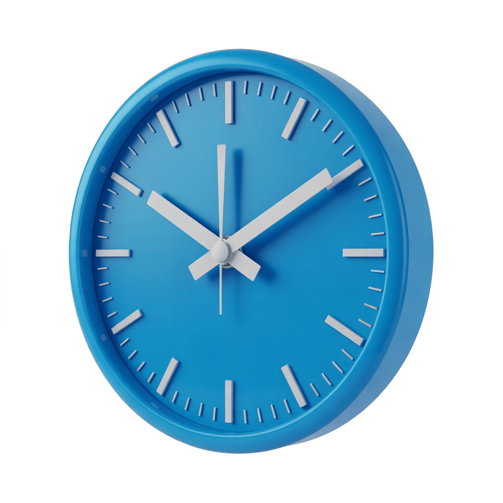 Bright blue analog clock with white hands and numbers for modern office or home decor PNG - transparent background