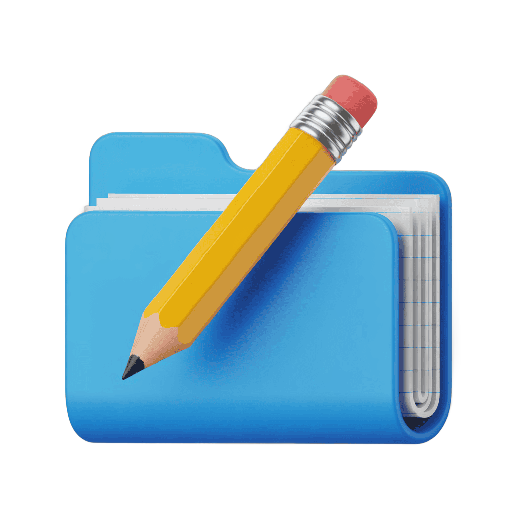 Bright blue folder icon with yellow pencil and gray paper clip isolated clipart graphic element PNG - transparent background