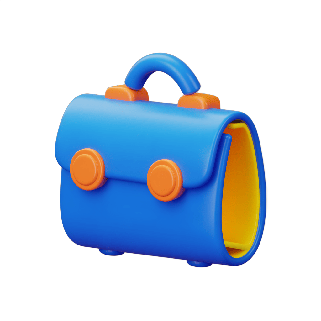Bright cartoon blue backpack with orange handles and straps for kids educational materials and school projects PNG - transparent background