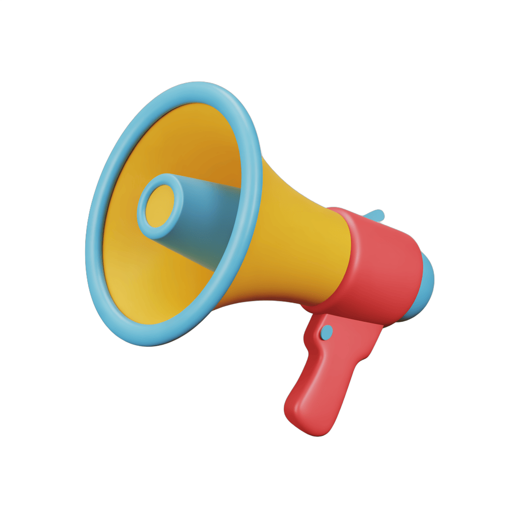 Bright cartoon megaphone graphic for announcements presentations and social media PNG - transparent background
