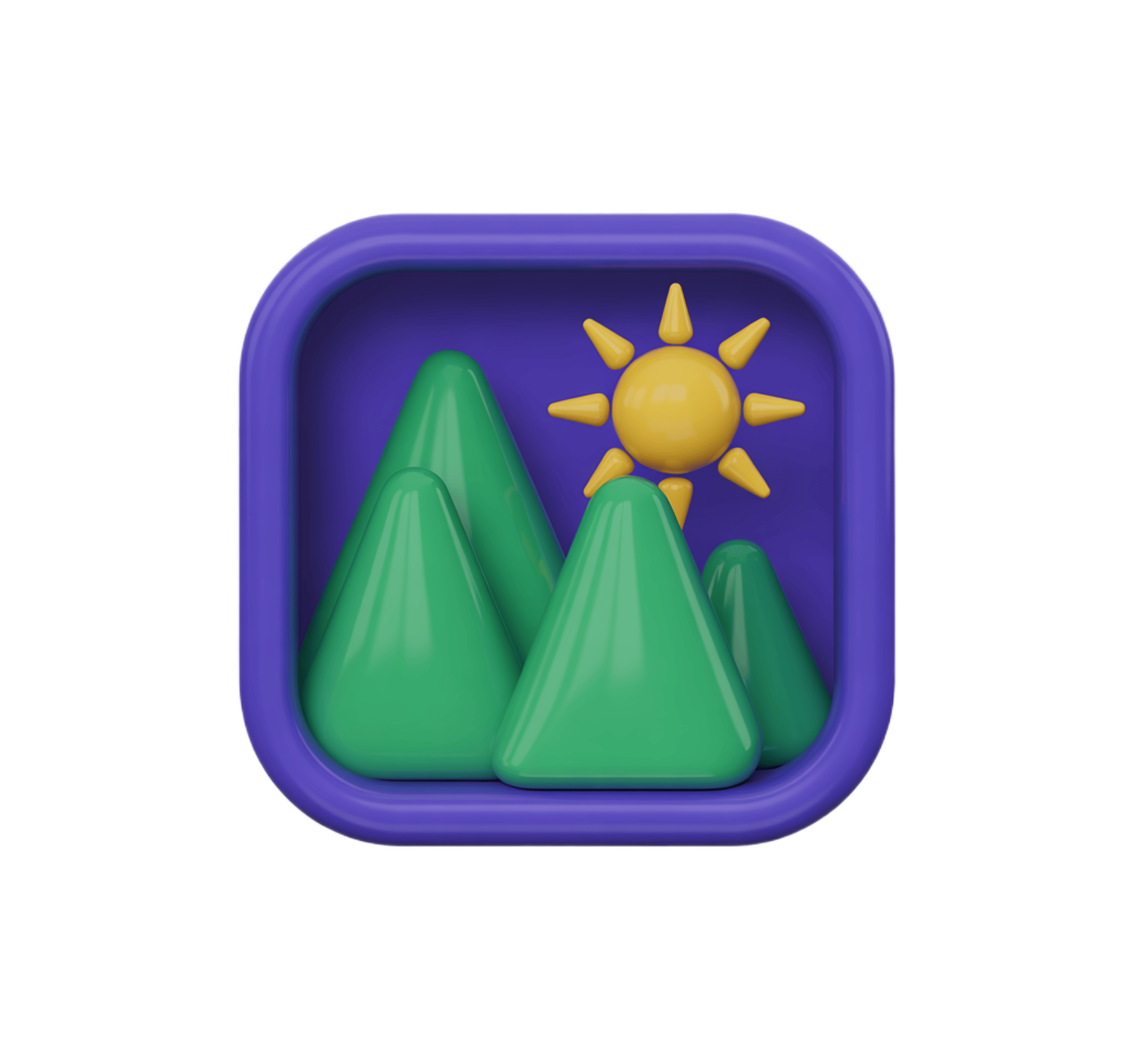 Bright cheerful 3d mountain landscape icon with sun for travel presentations and website graphics PNG - transparent background