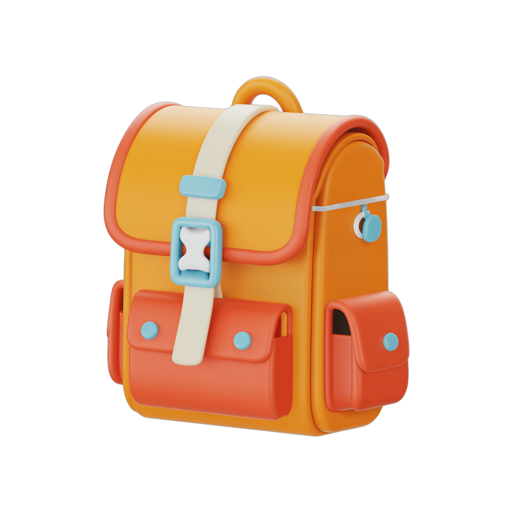 Bright colorful cartoon school backpack with straps and pockets for kids educational materials PNG - transparent background