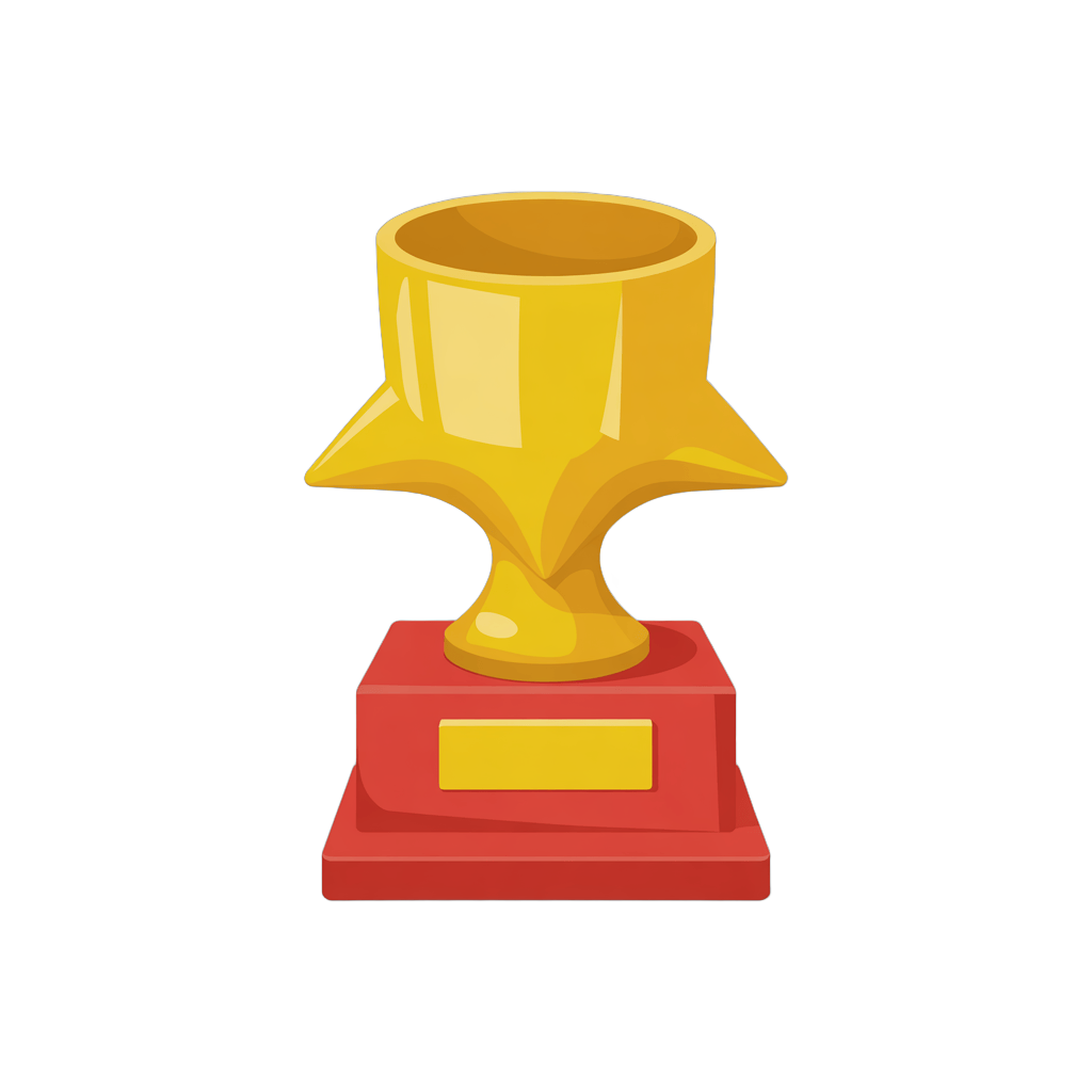 Bright golden trophy cup award icon on red base for achievement recognition and success celebration PNG - transparent background