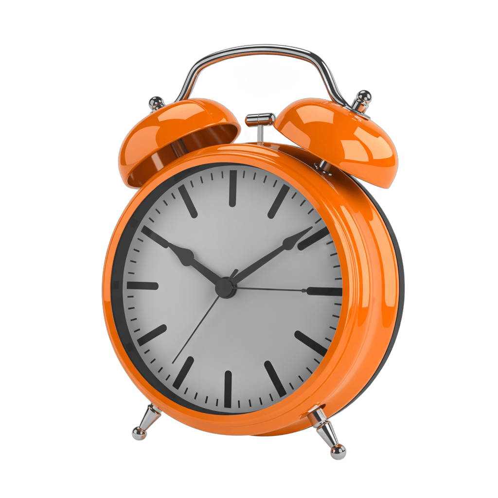 Bright orange alarm clock with black hands for time management and productivity graphics PNG - transparent background