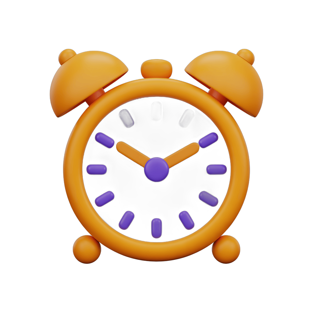 Bright orange alarm clock with purple accents isolated on transparent background for digital designs PNG - transparent background