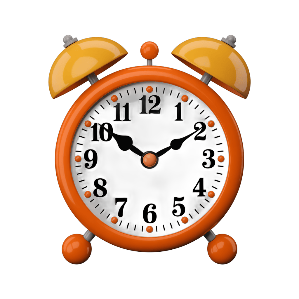 Bright orange alarm clock with yellow bells isolated on transparent background for graphic design PNG - transparent background