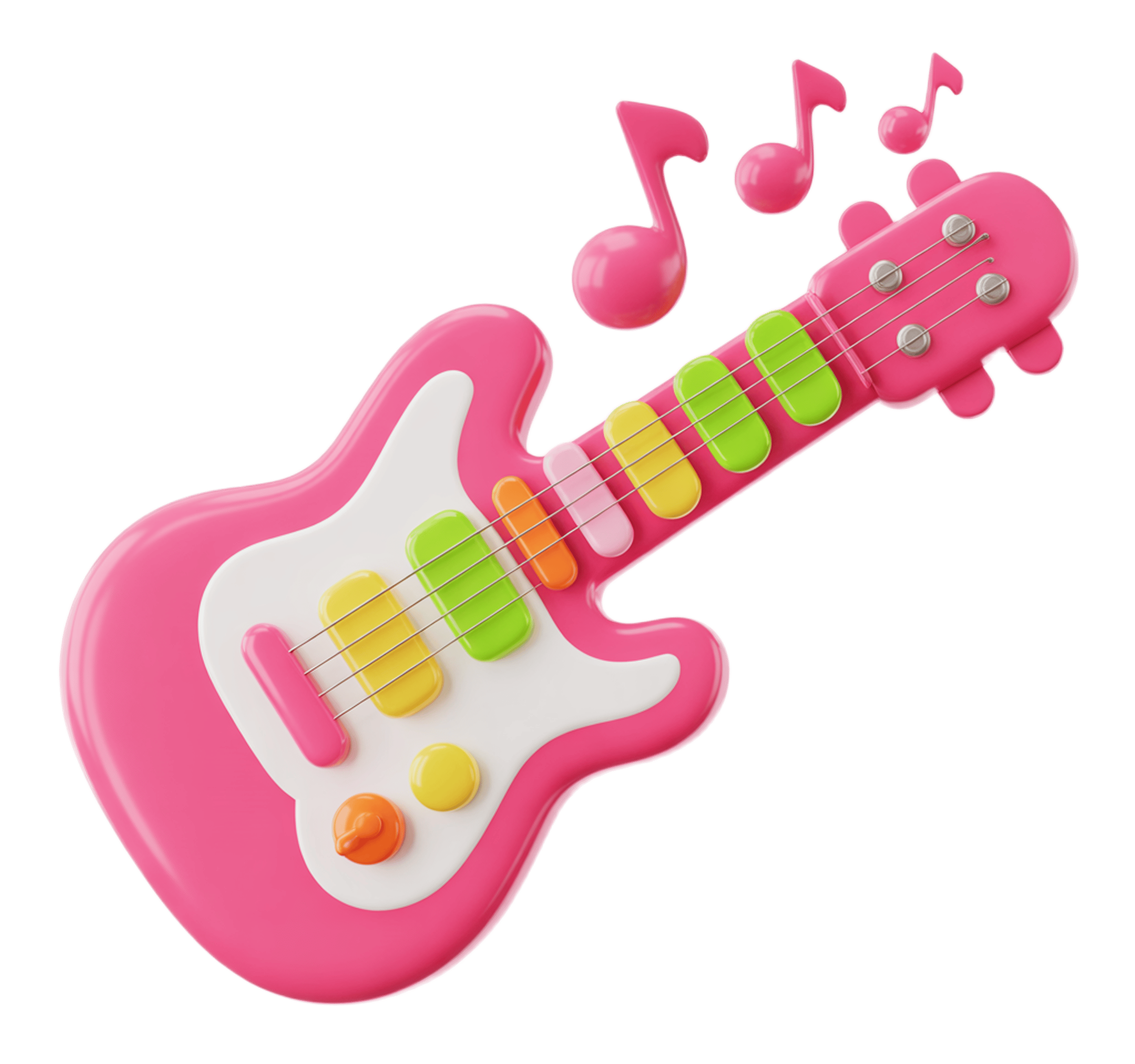 Bright pink 3d toy guitar with colorful notes and music symbols for kids educational materials PNG - transparent background