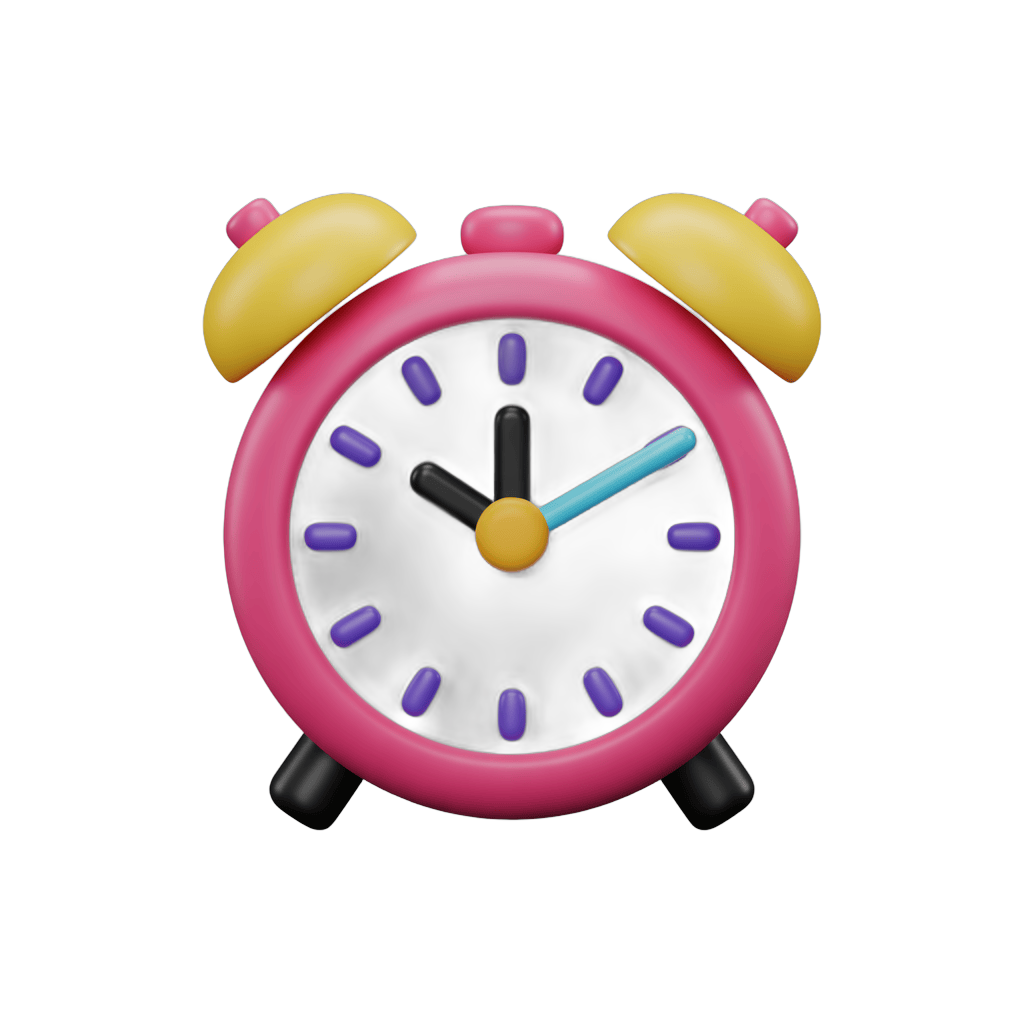 Bright pink cartoon alarm clock with yellow bells for kids room decor or educational materials PNG - transparent background
