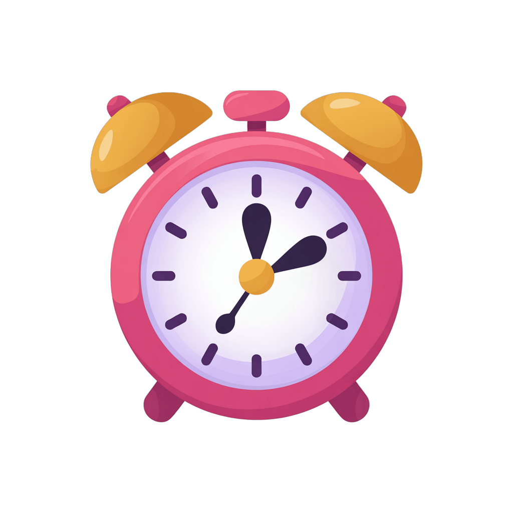 Bright pink cartoon alarm clock with yellow bells for time management graphics and presentations PNG - transparent background