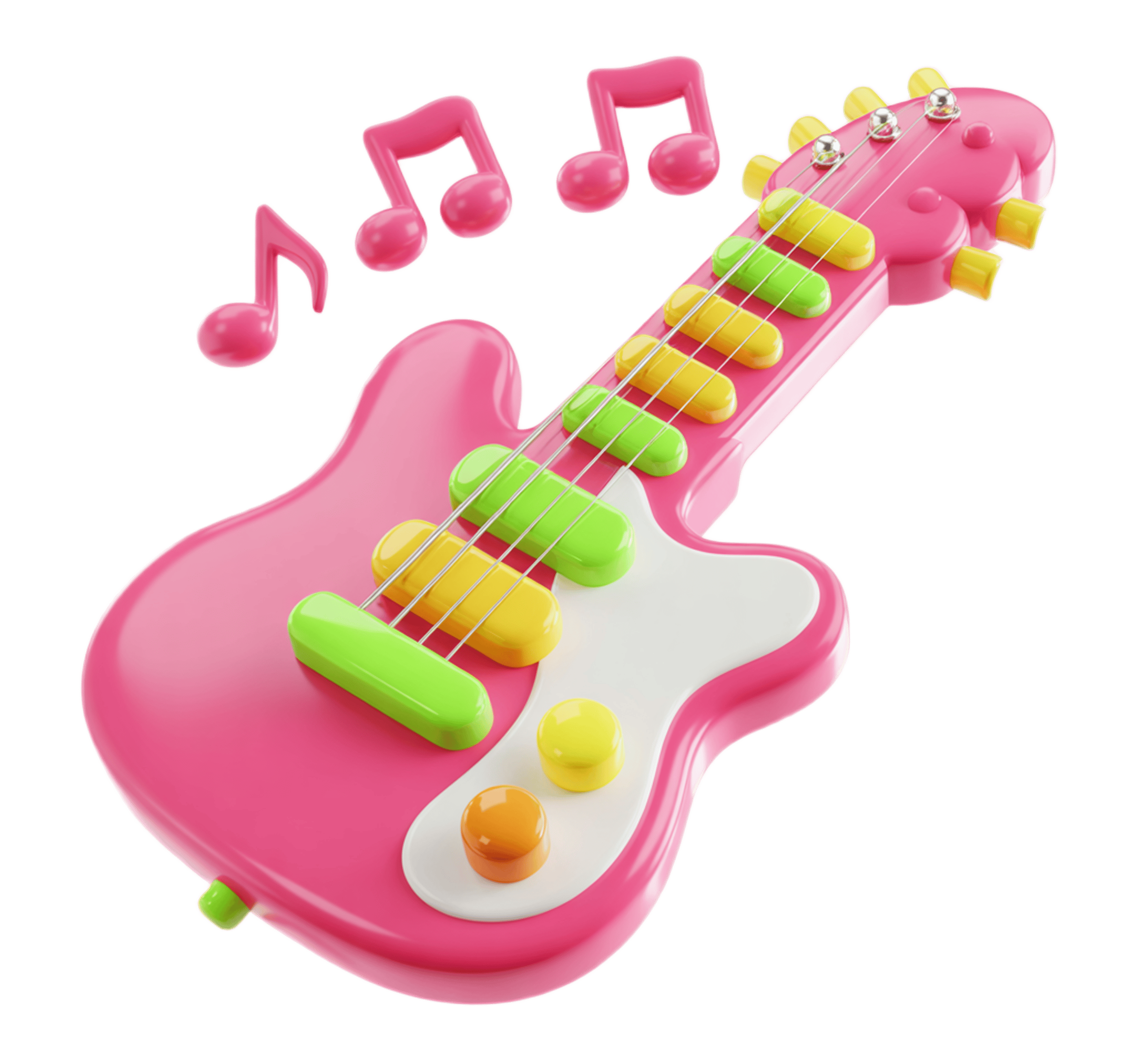 Bright pink toy electric guitar with colorful buttons and musical notes for kids educational materials PNG - transparent background