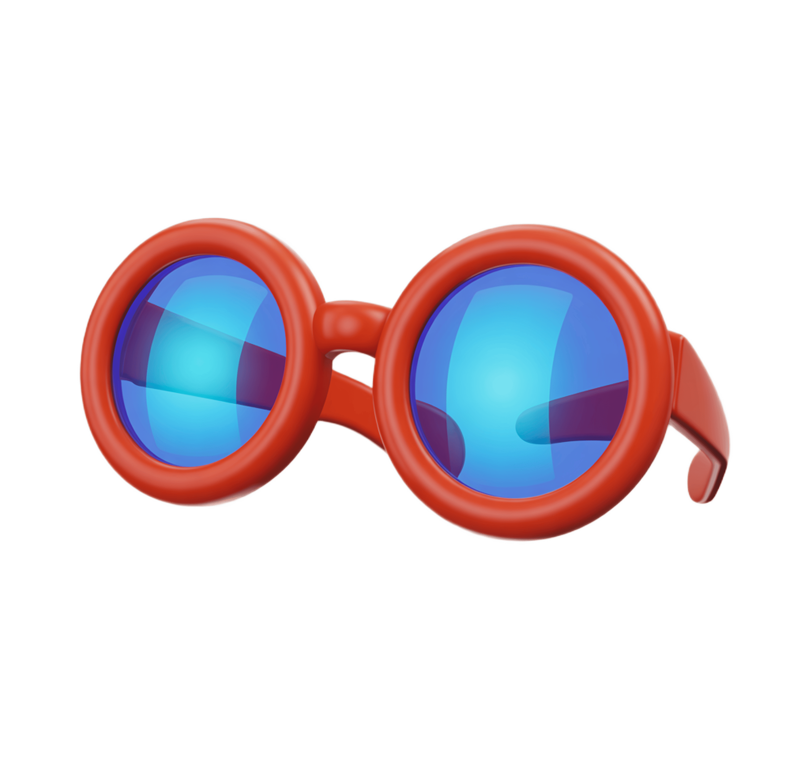 Bright red 3d clipart sunglasses with blue mirrored lenses for summer fashion graphics and ads PNG - transparent background