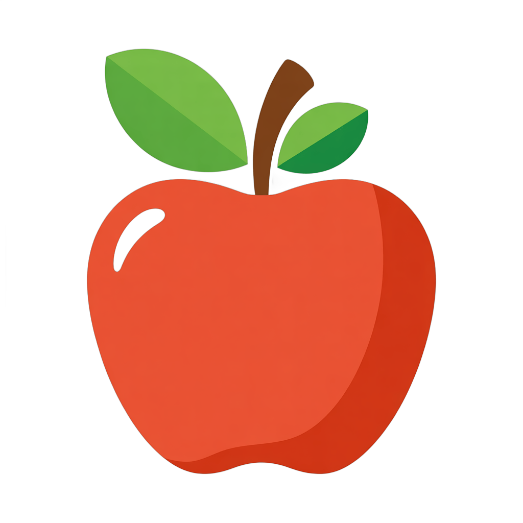 Bright red apple icon with green leaves isolated on transparent background for digital design PNG - transparent background