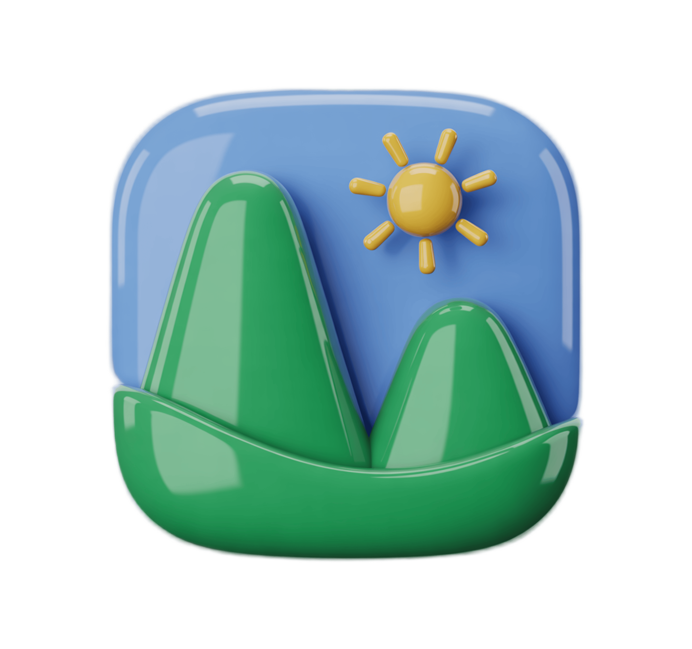 Bright sunny day 3d sailboat icon with hills and sun graphic element for travel marketing PNG - transparent background