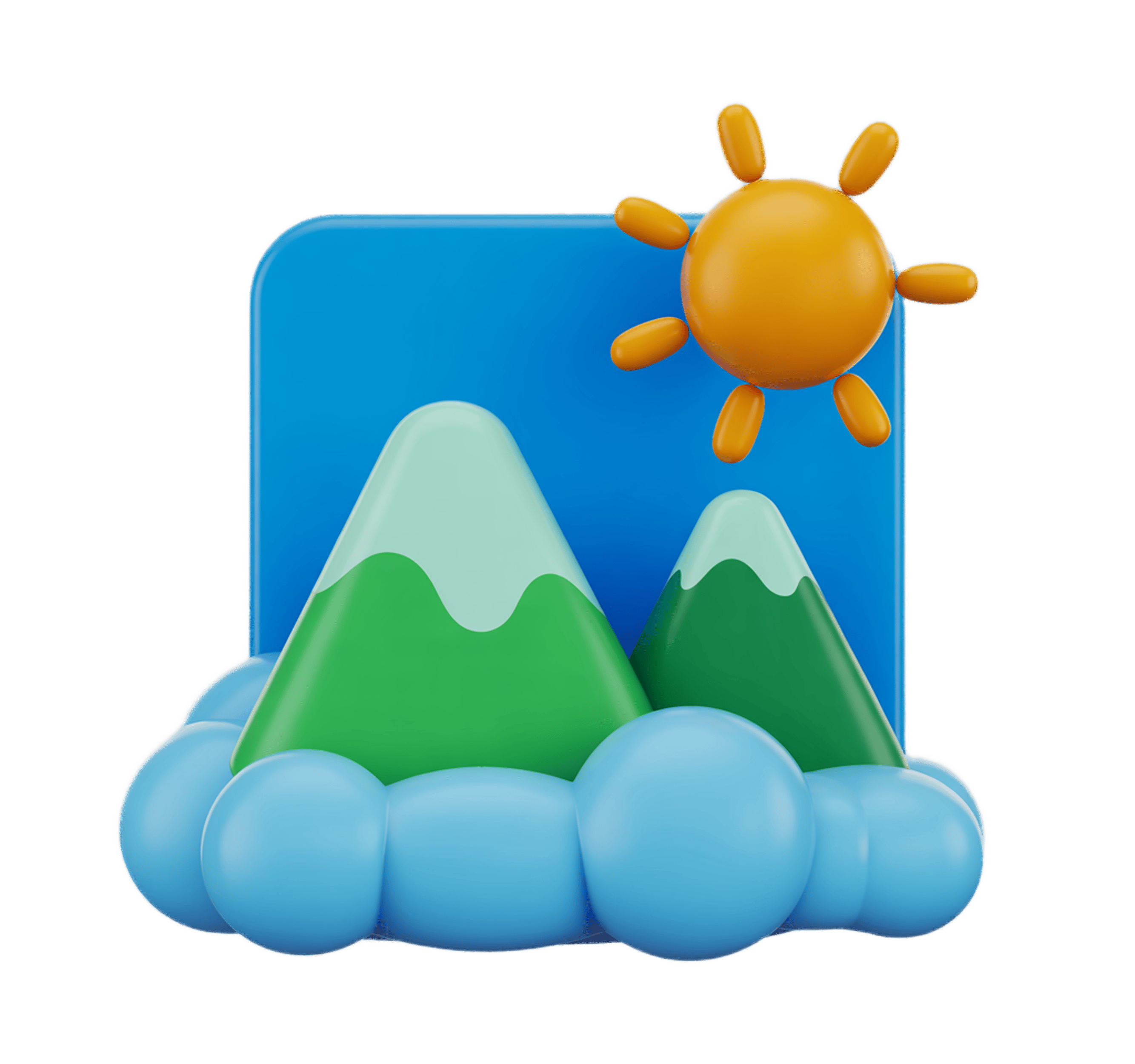 Bright sunny day mountain landscape with fluffy clouds and smiling sun clipart PNG - transparent background