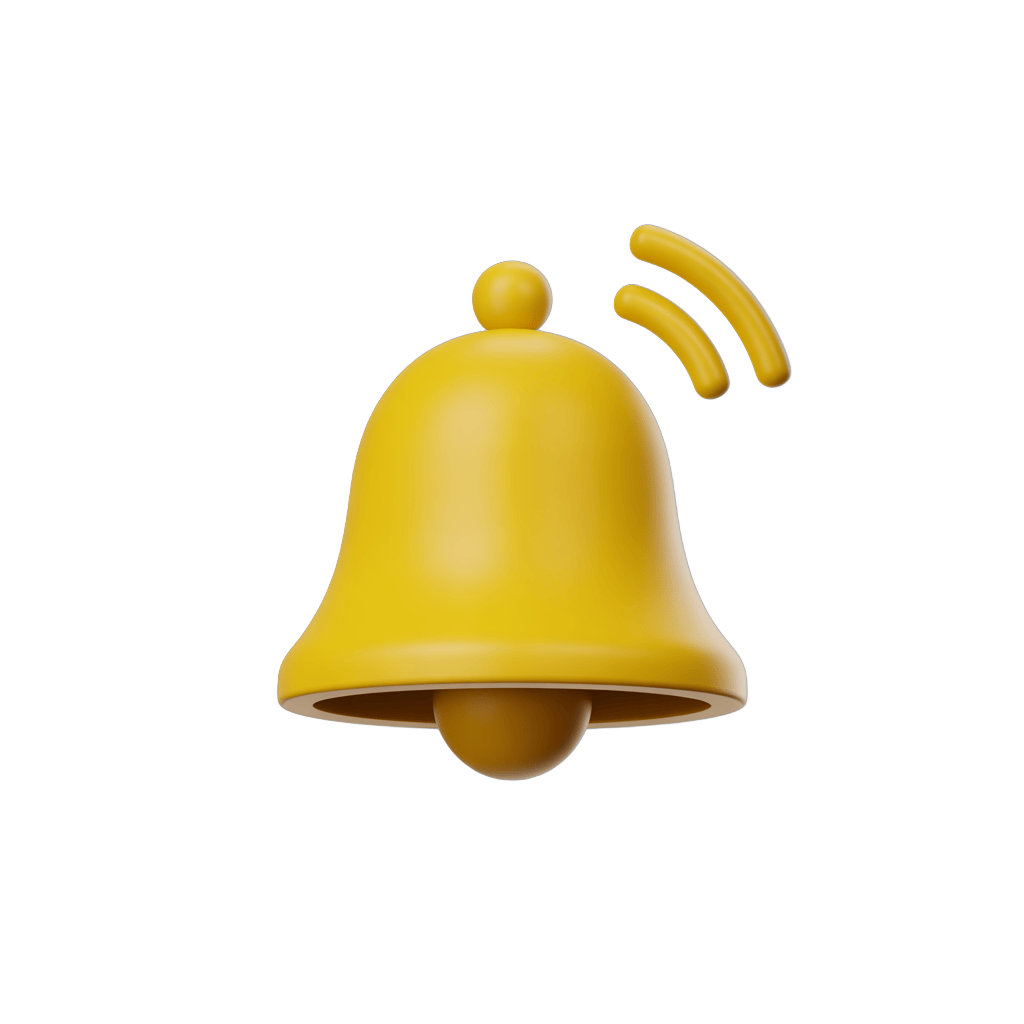 Bright yellow 3d notification bell icon with sound wave graphic for alerts and app notifications PNG - transparent background