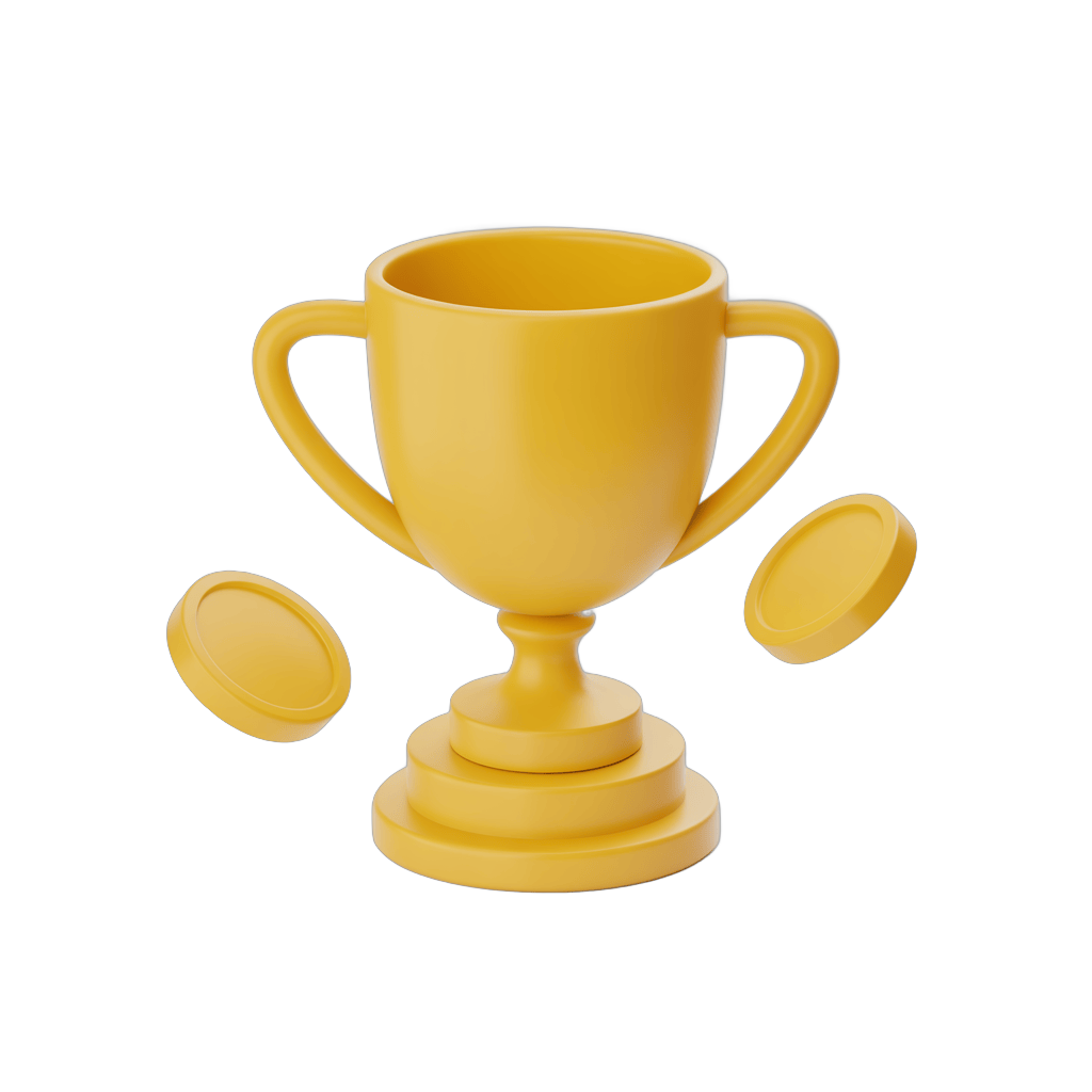 Bright yellow 3d trophy cup with handles and base for award ceremony illustrations and graphic designs PNG - transparent background