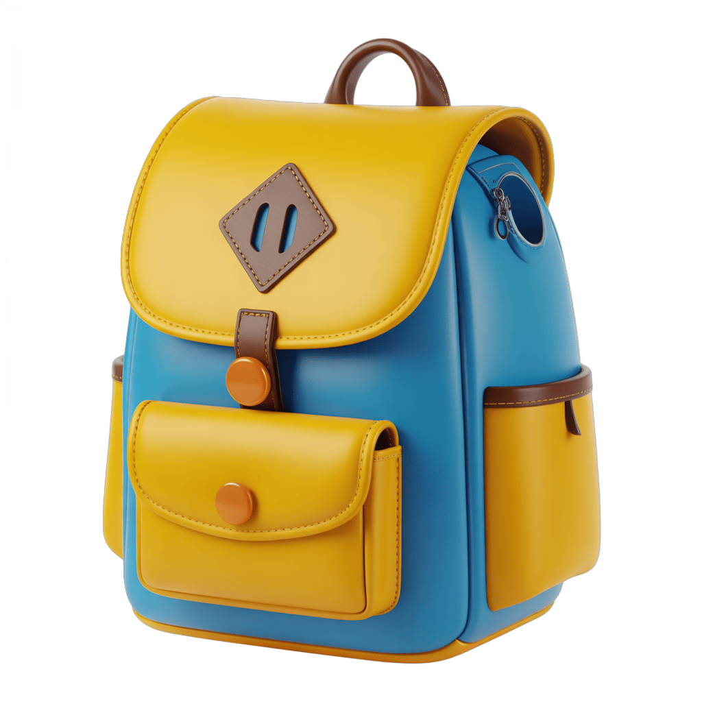 Bright yellow and blue backpack clipart for kids school supplies and educational graphics PNG - transparent background