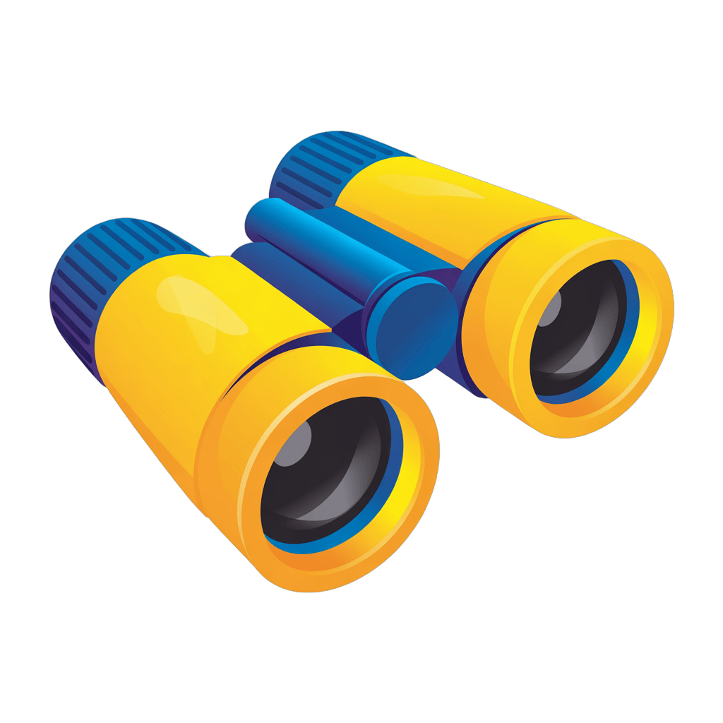 Bright yellow and blue binoculars clipart for travel adventure and outdoor exploration marketing PNG - transparent background