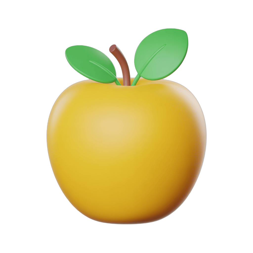Bright yellow apple illustration with green leaves for food blogs and healthy lifestyle designs PNG - transparent background