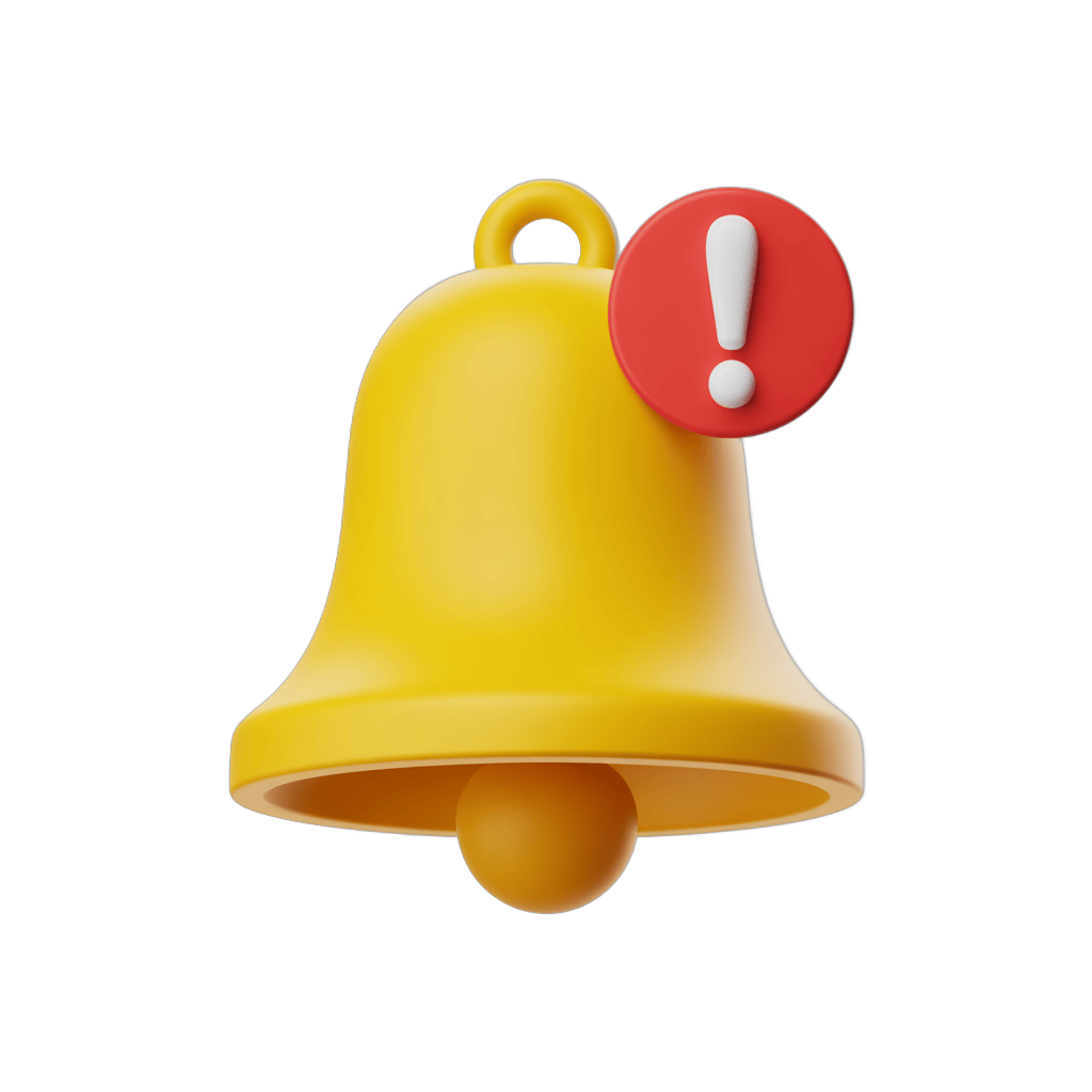 Bright yellow bell with exclamation mark alert icon isolated transparent background clipart PNG - transparent background