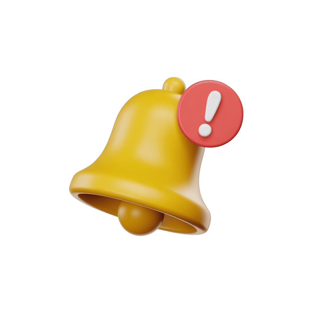 Bright yellow bell with warning exclamation graphic element for alerts notifications and alerts PNG - transparent background