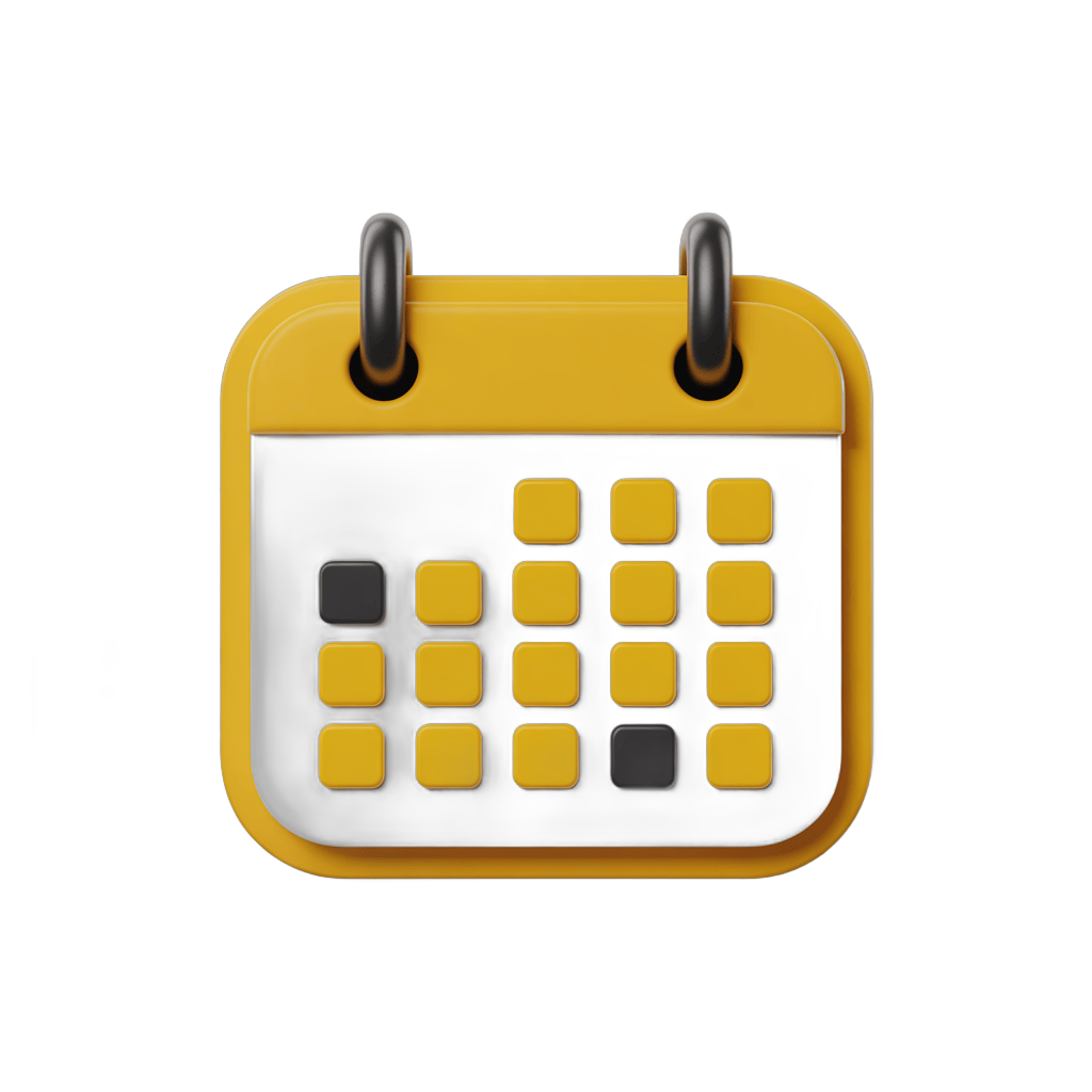 Bright yellow calendar page with two marked dates isolated on transparent background for digital design PNG - transparent background