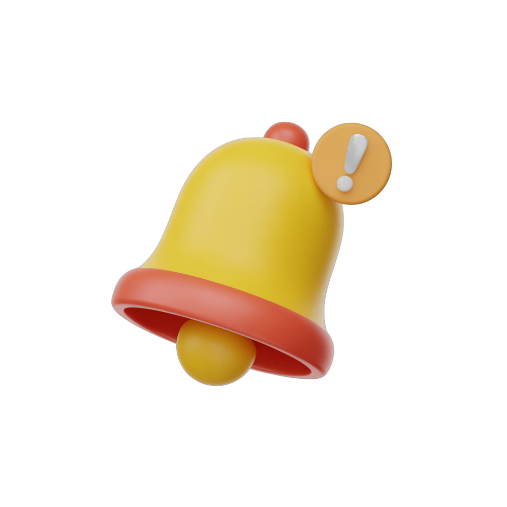 Bright yellow cartoon bell with exclamation mark graphic element for alerts notifications and warnings PNG - transparent background