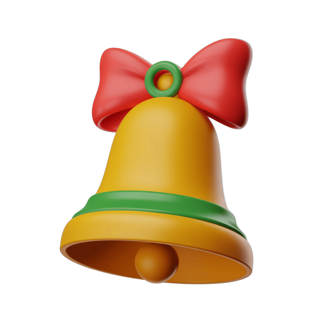 Bright yellow christmas bell with red bow decoration for holiday greeting cards and festive designs PNG - transparent background