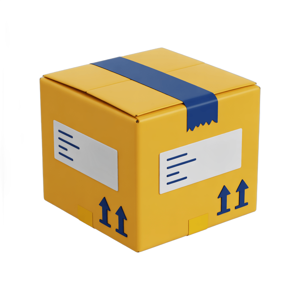 Bright yellow delivery box with blue tape and arrows for shipping and ecommerce graphics PNG - transparent background