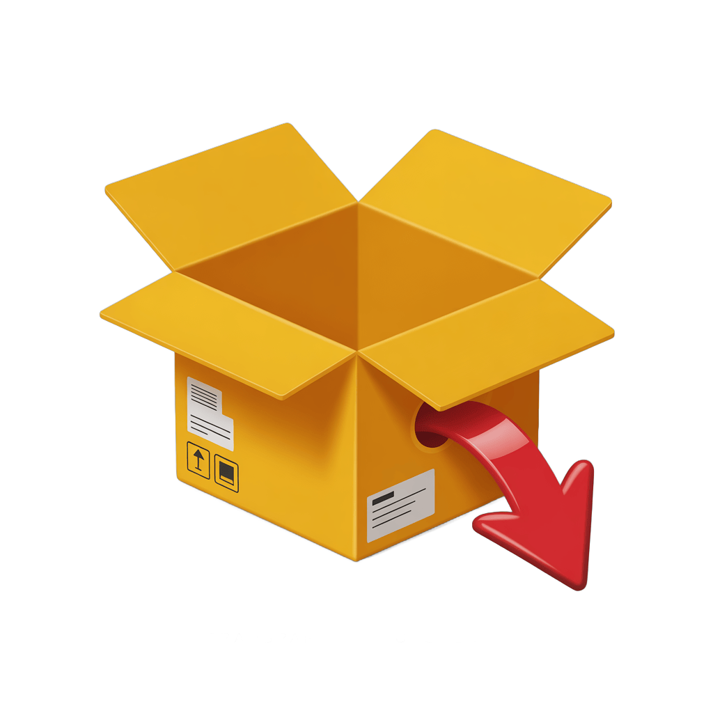 Bright yellow delivery box with red arrow pointing down for download or shipping concept PNG - transparent background