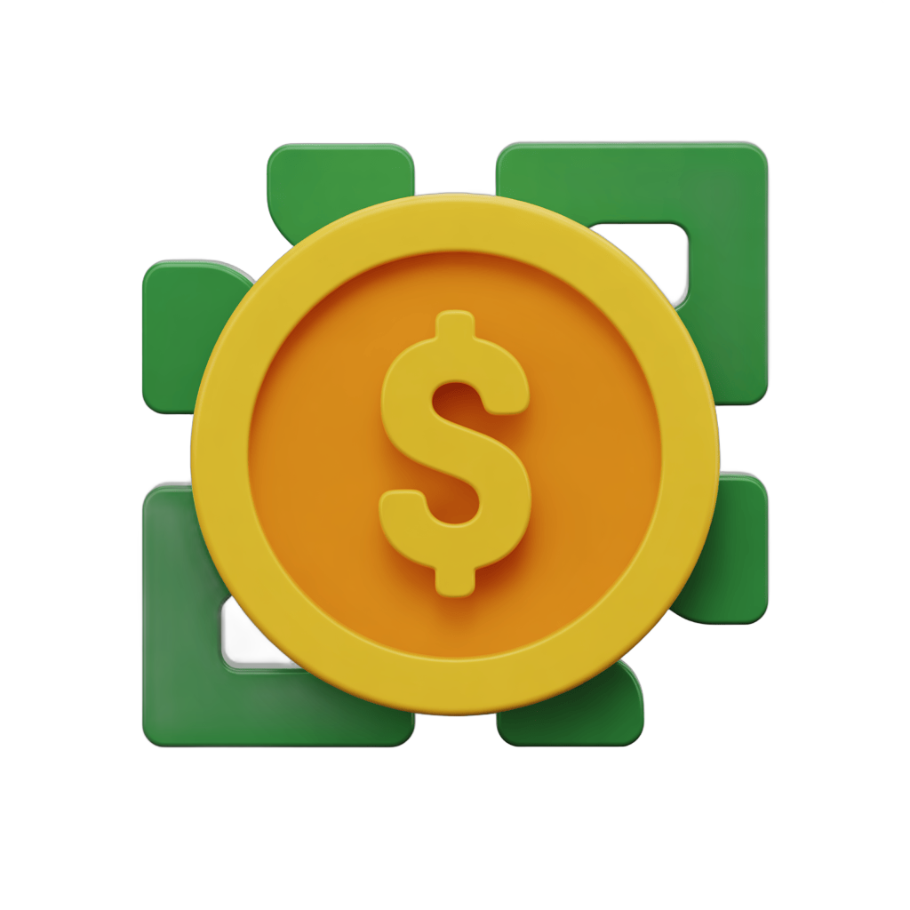 Bright yellow dollar sign coin surrounded by green puzzle pieces isolated clipart for business finance graphics PNG - transparent background